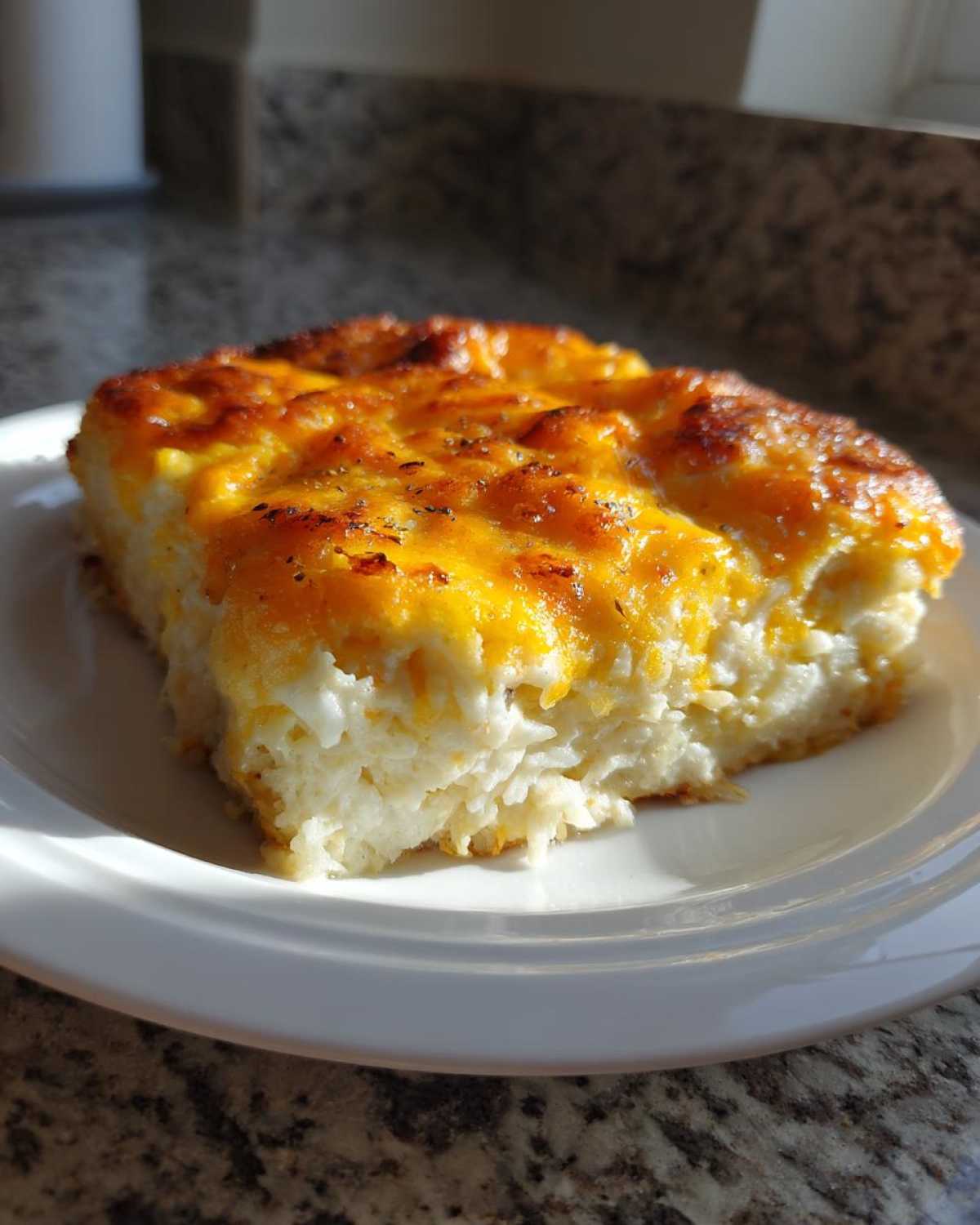 A square slice of cheesy chicken and rice casserole with a golden brown, bubbly cheese topping.