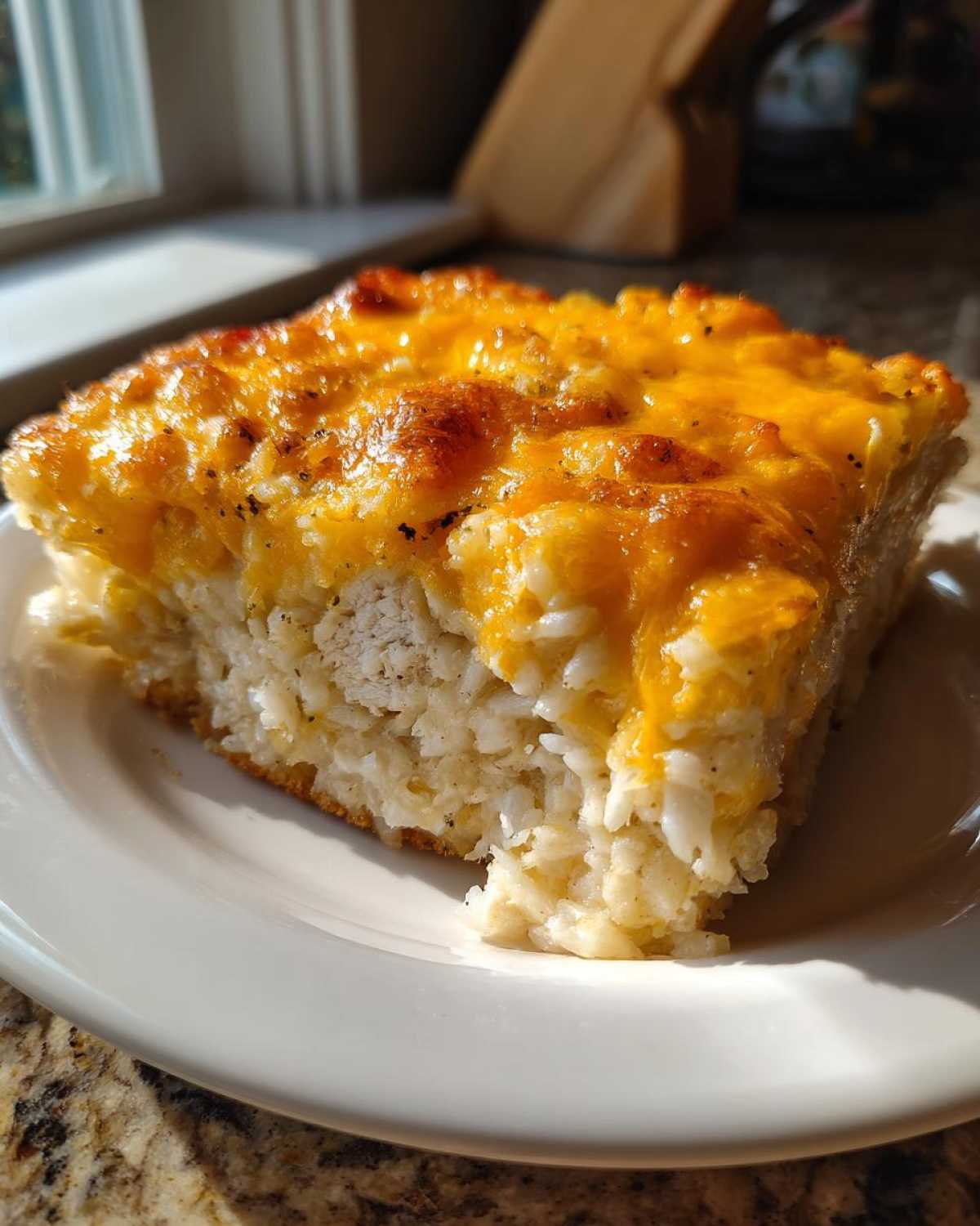A square serving of cheesy chicken and rice casserole with a golden melted cheese topping.