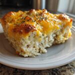 A serving of cheesy chicken and rice casserole with a melted, browned cheddar topping and herbs.