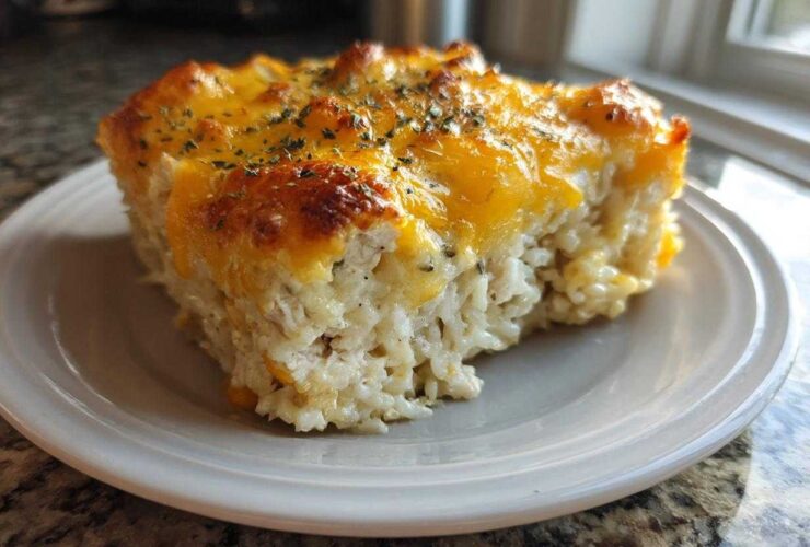 A serving of cheesy chicken and rice casserole with a melted, browned cheddar topping and herbs.