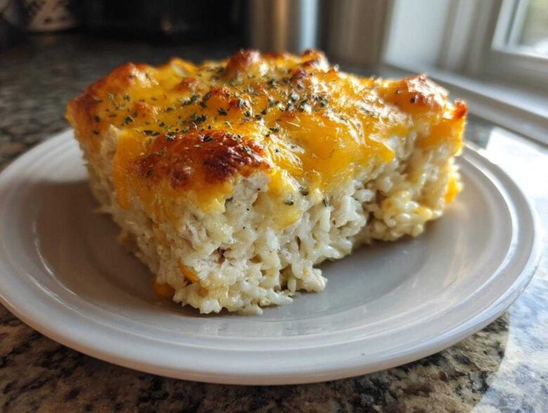A serving of cheesy chicken and rice casserole with a melted, browned cheddar topping and herbs.