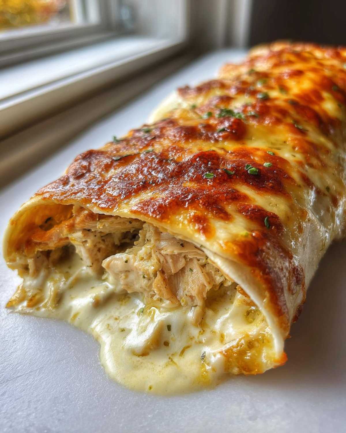 Close-up of cheesy green chile chicken enchiladas oozing creamy sauce and shredded chicken filling.
