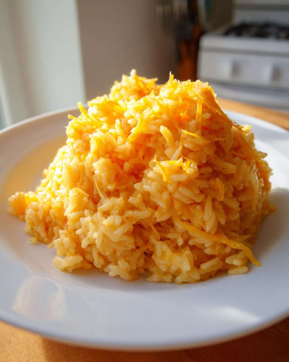 A mound of bright orange cheesy rice topped with shredded cheddar cheese served on a white plate.
