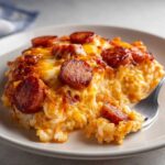 A close-up of a serving of cheesy sausage and rice casserole, topped with browned sausage slices, being lifted by a fork.