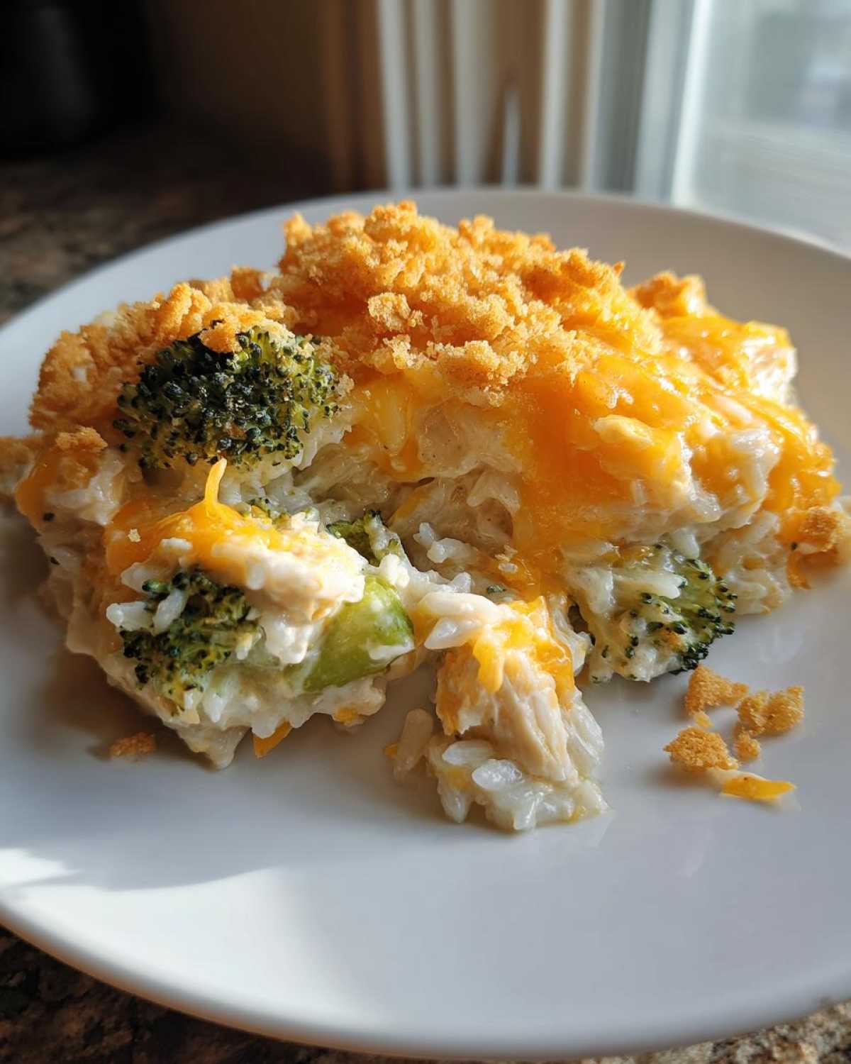 A close-up serving of creamy chicken broccoli rice casserole topped with melted cheddar cheese and crispy breadcrumbs.