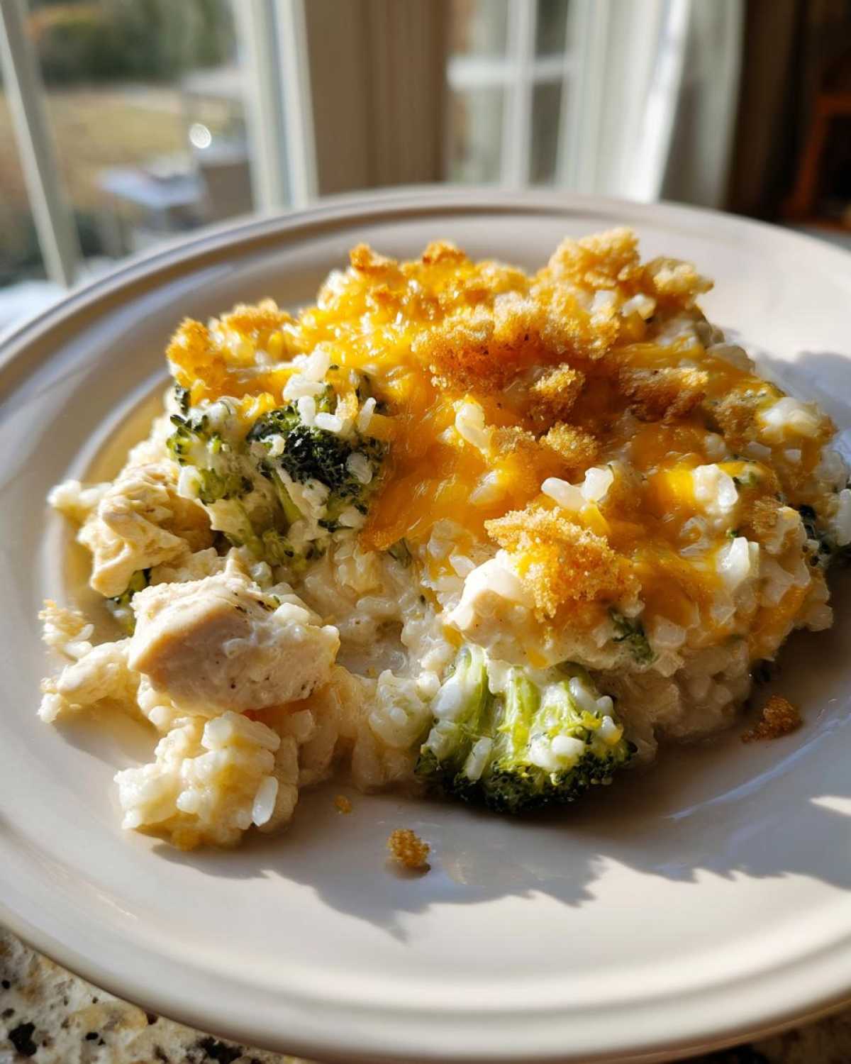 A close-up serving of creamy chicken broccoli rice casserole topped with melted cheddar cheese and breadcrumbs.
