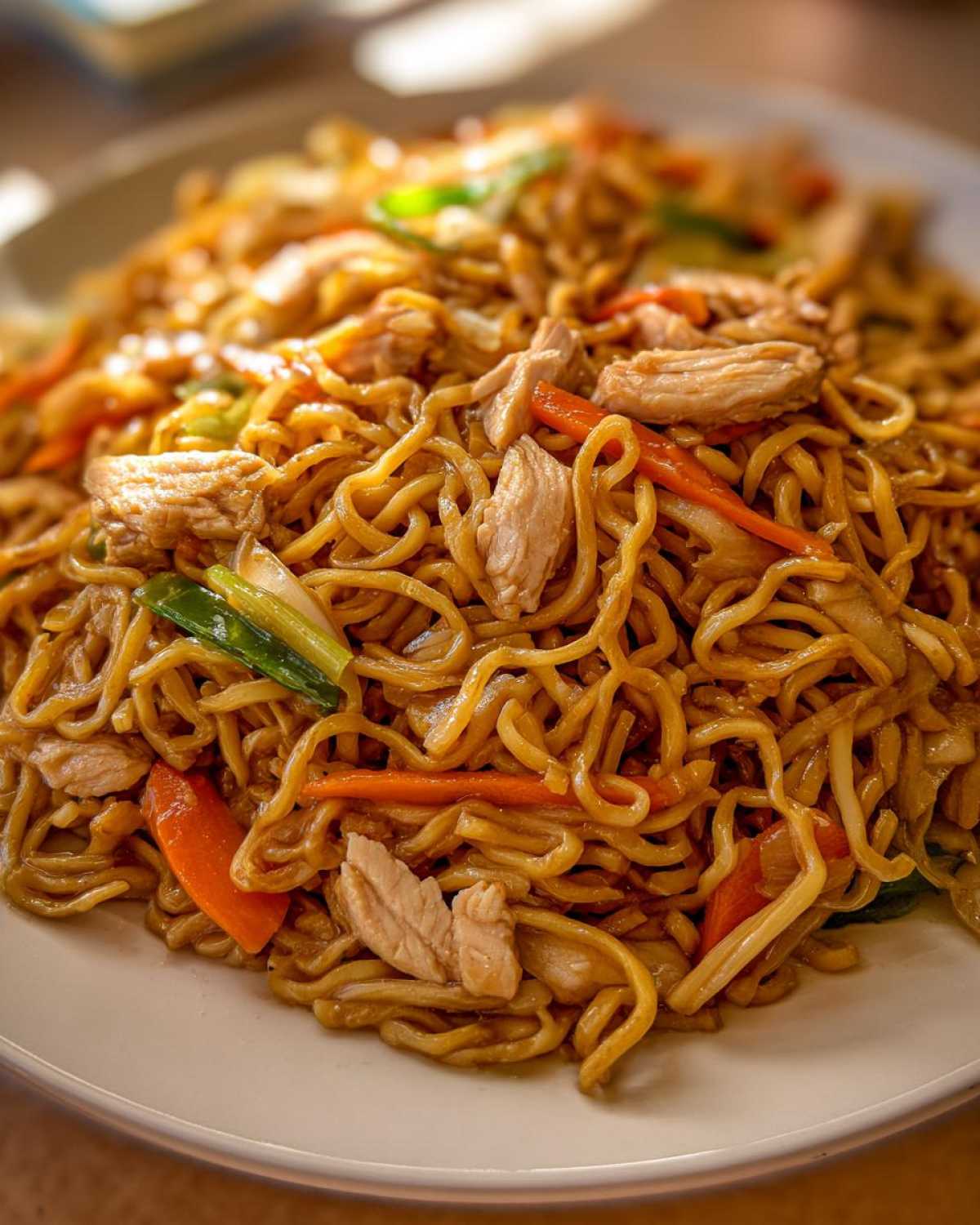 A close-up shot of a plate piled high with savory chicken chow mein recipe, featuring noodles, sliced chicken, and vegetables.
