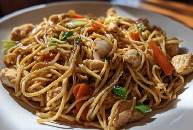 Close-up of a white plate piled high with saucy chicken chow mein recipe noodles, chicken pieces, and sliced carrots.