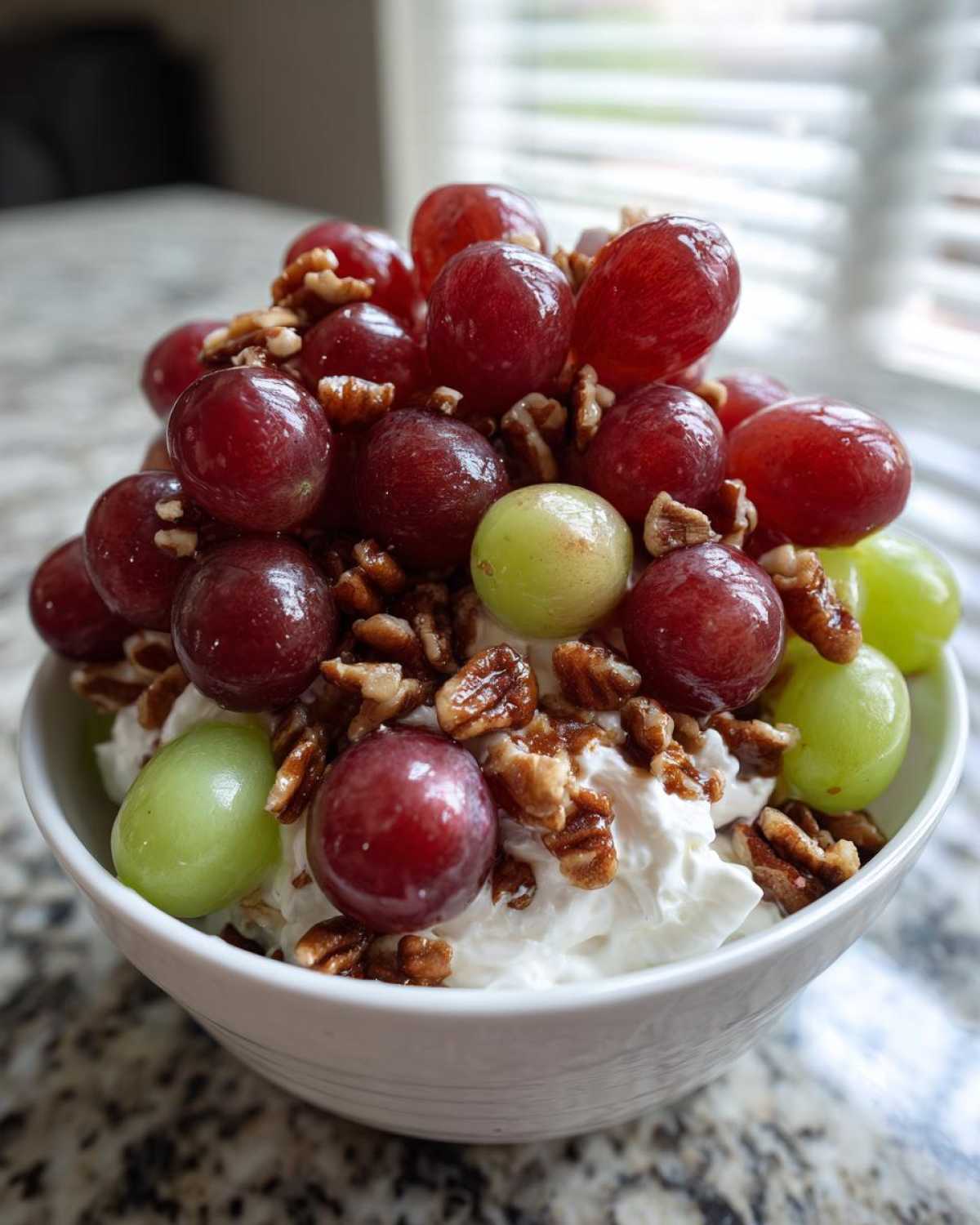 A white bowl filled with creamy salad topped generously with red and green grapes and chopped pecans, resembling chicken salad chick grape salad.