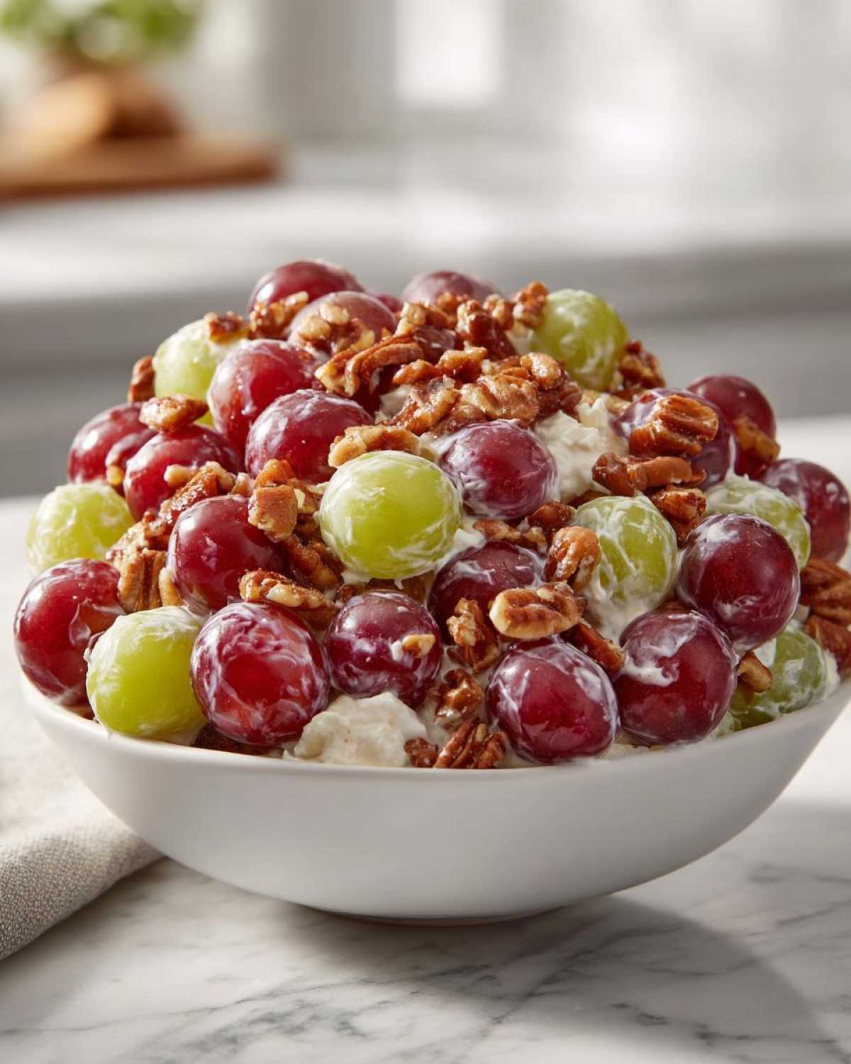 A white bowl filled with creamy Chicken Salad Chick grape salad, topped generously with red and green grapes and chopped pecans.