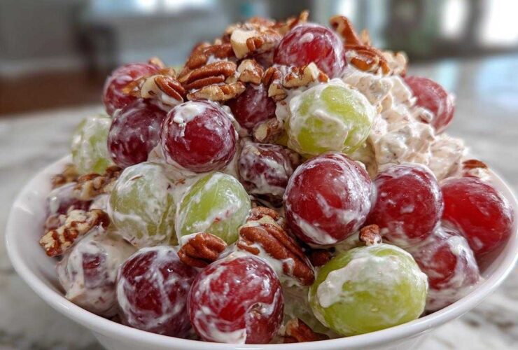 A close-up of creamy chicken salad chick grape salad, featuring red and green grapes coated in dressing and topped with pecans.