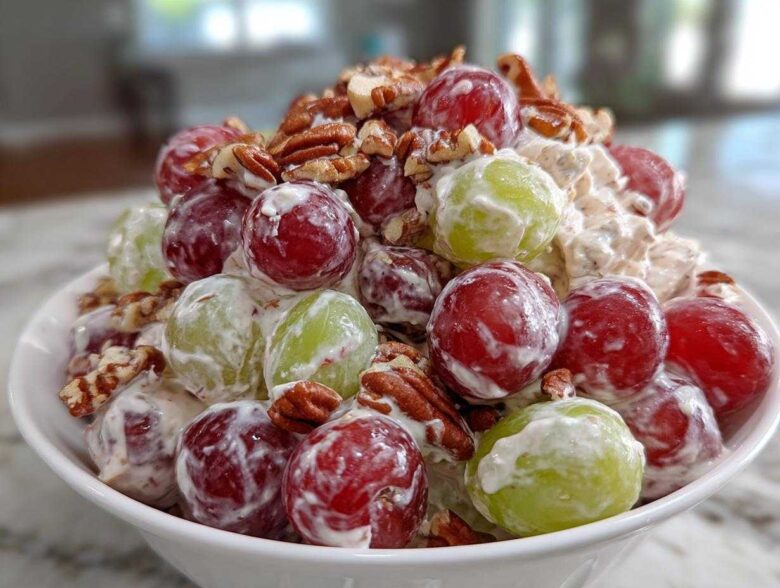 A close-up of creamy chicken salad chick grape salad, featuring red and green grapes coated in dressing and topped with pecans.