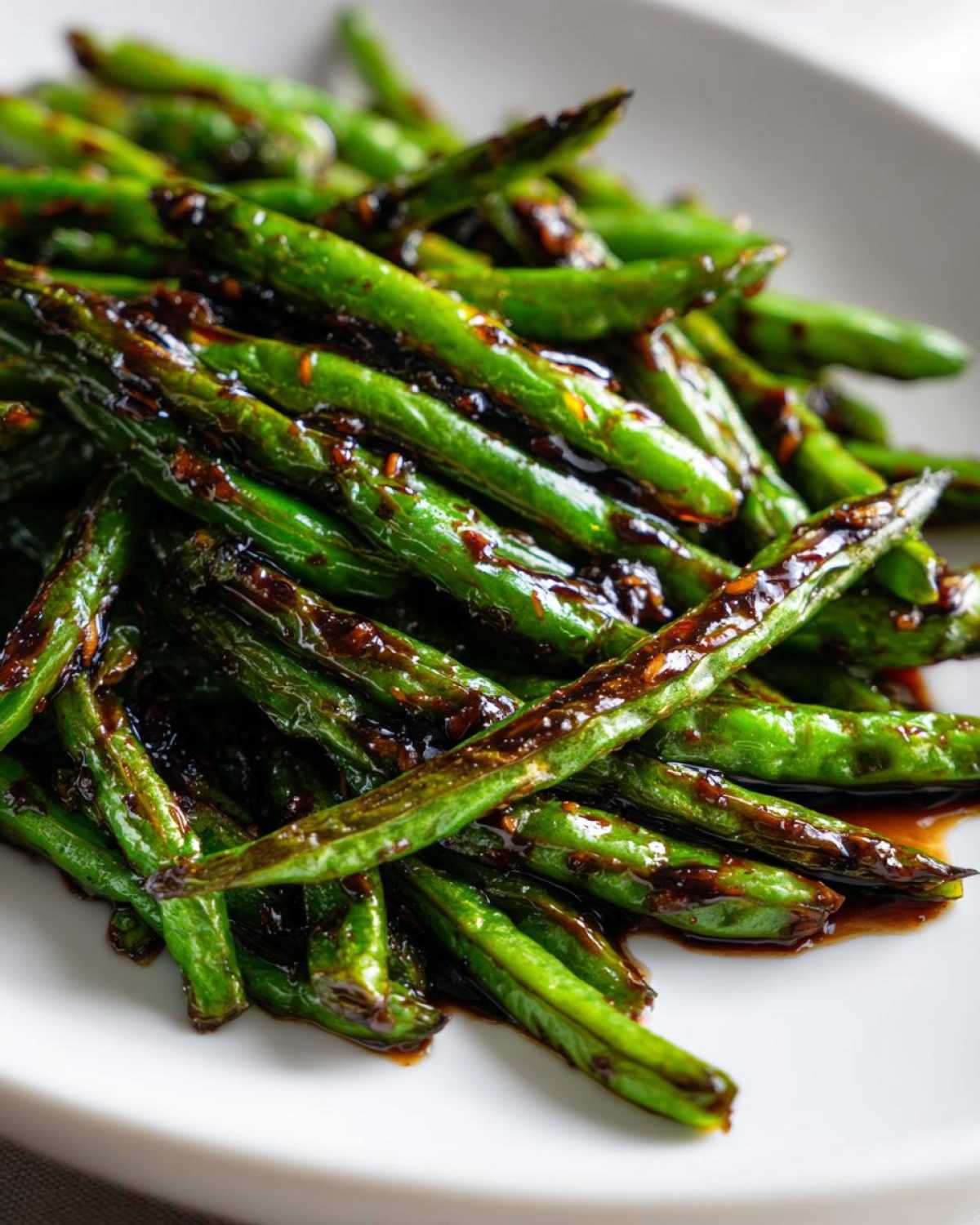 A close-up shot of vibrant green beans coated in a glossy, dark garlic sauce, ready to serve.