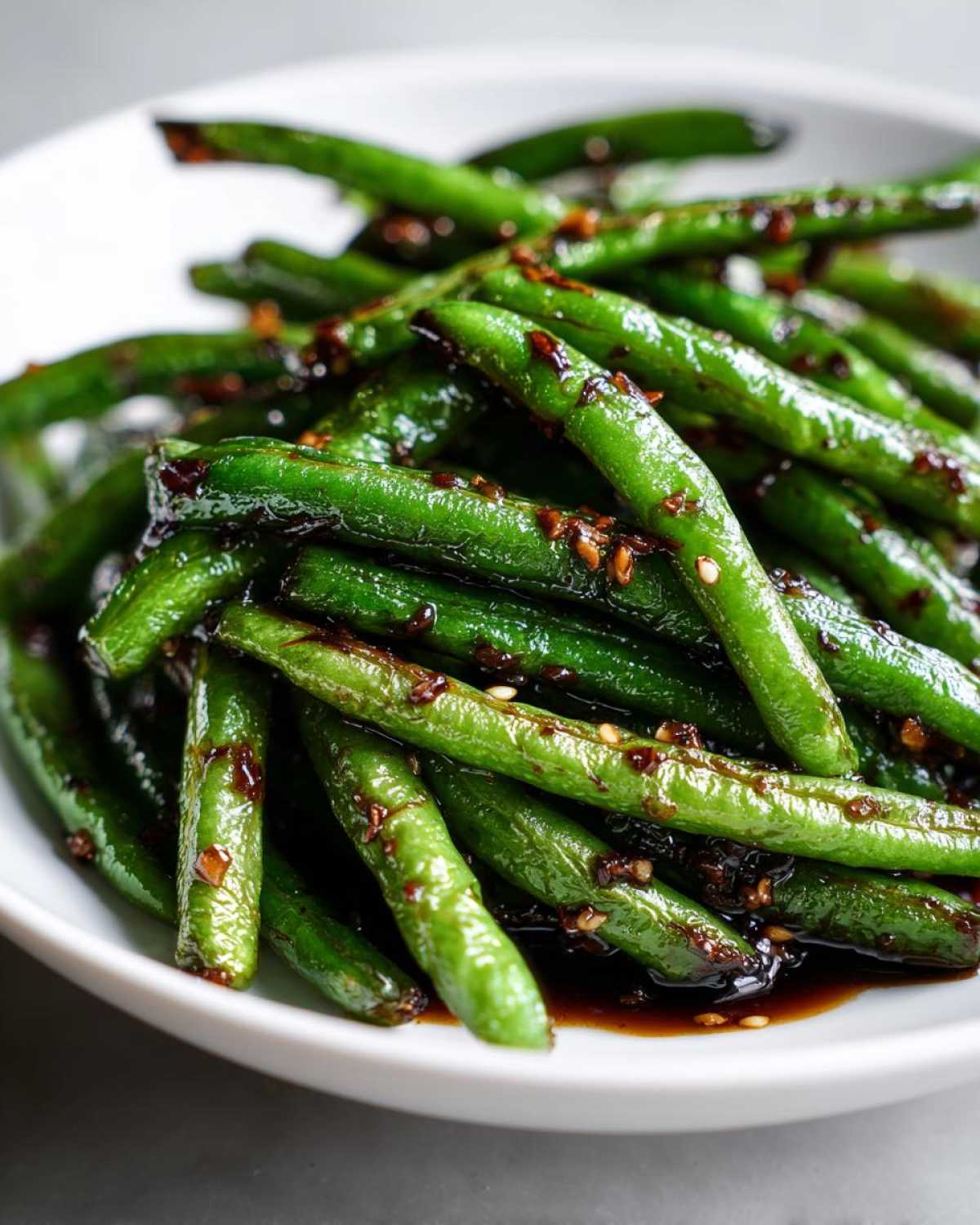 Close-up of vibrant, glossy chinese green beans with garlic sauce and sesame seeds served in a white bowl.