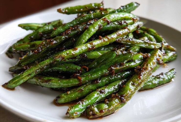 A close-up of vibrant green beans coated in a dark, glossy chinese green beans with garlic sauce, served on a white plate.