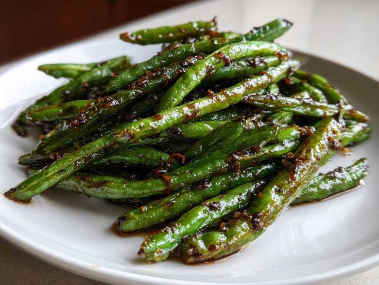 A close-up of vibrant green beans coated in a dark, glossy chinese green beans with garlic sauce, served on a white plate.