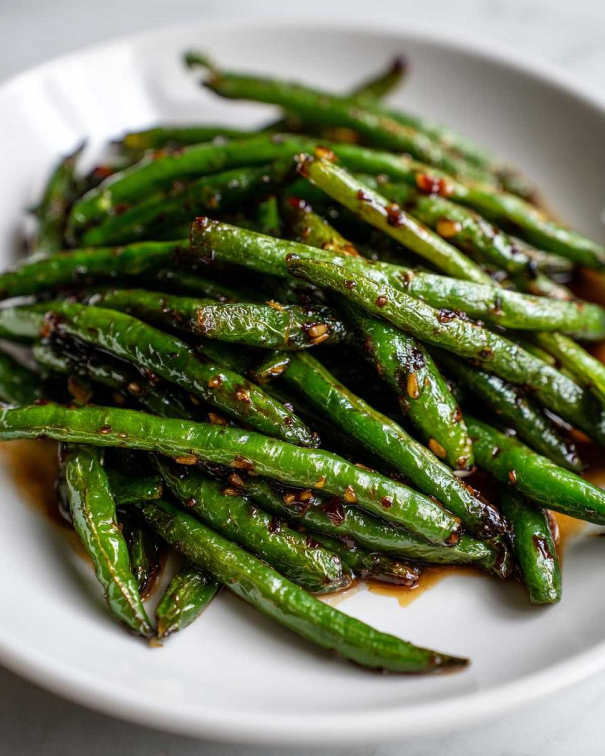 A close-up of bright green, blistered chinese green beans with garlic sauce piled on a white plate.