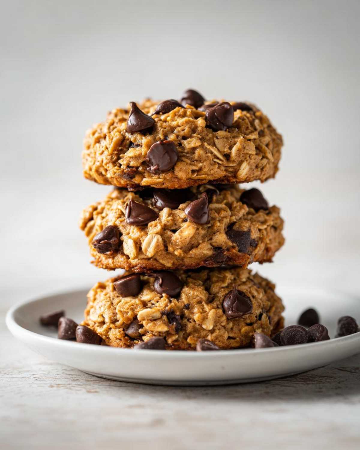 Three stacked chocolate chip breakfast cookie power rounds on a white plate.
