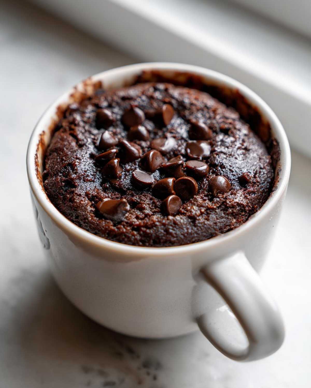 Close-up of a rich, dark chocolate mug cake topped with chocolate chips, ready to eat.