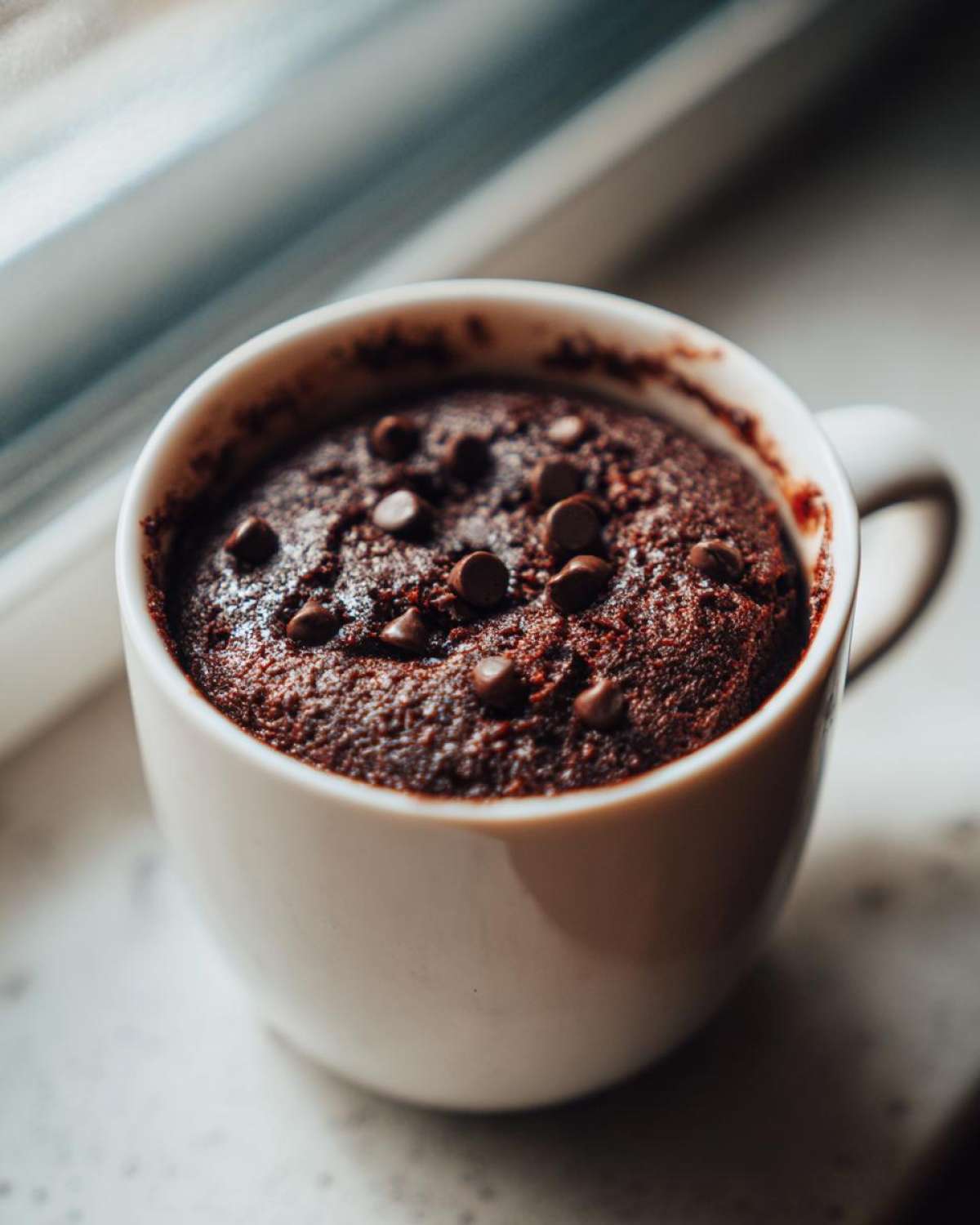 Close-up of a rich, dark chocolate chip mug cake baked inside a white ceramic mug.