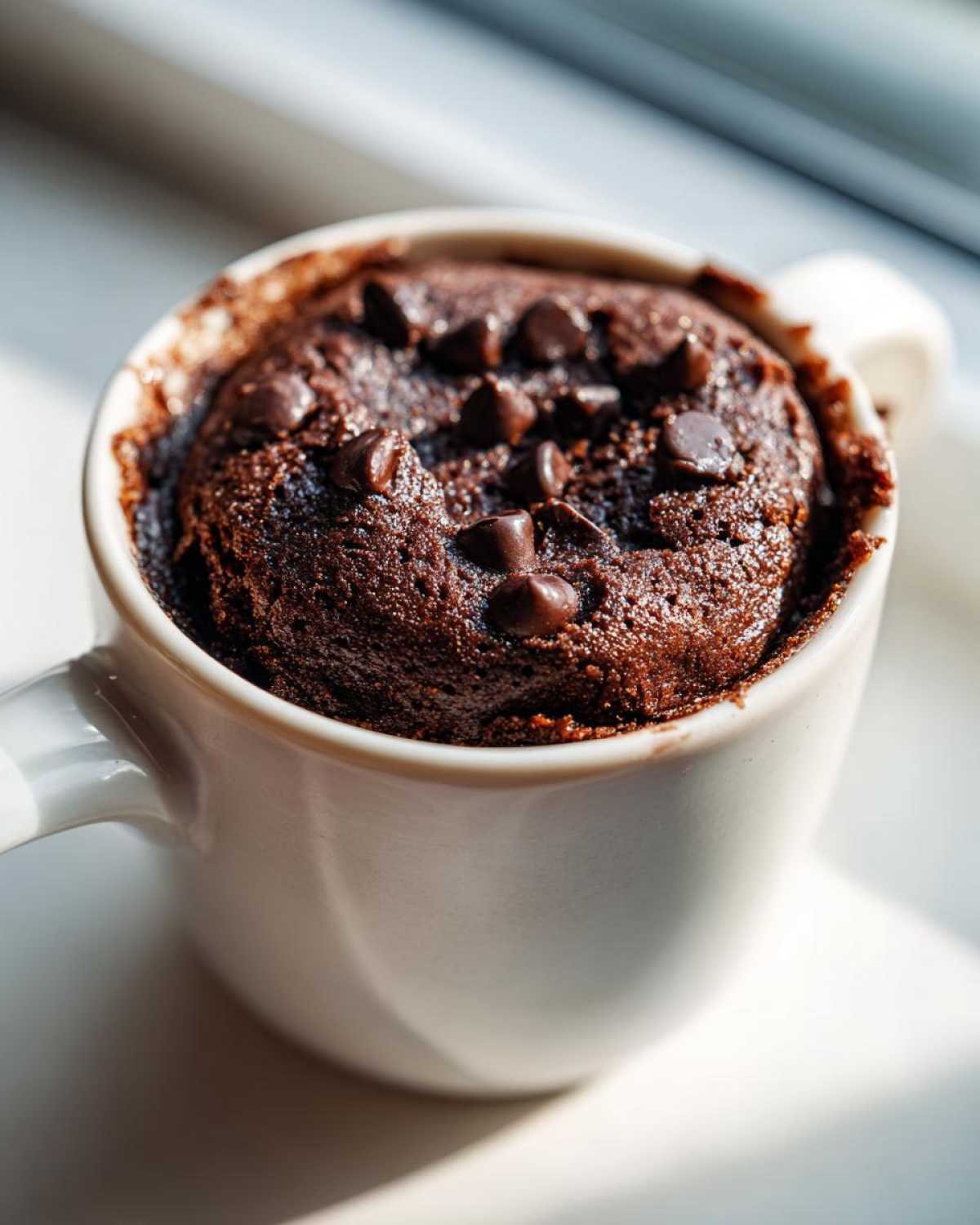 Close-up of a freshly baked chocolate chip mug cake in a white mug, illuminated by bright sunlight.