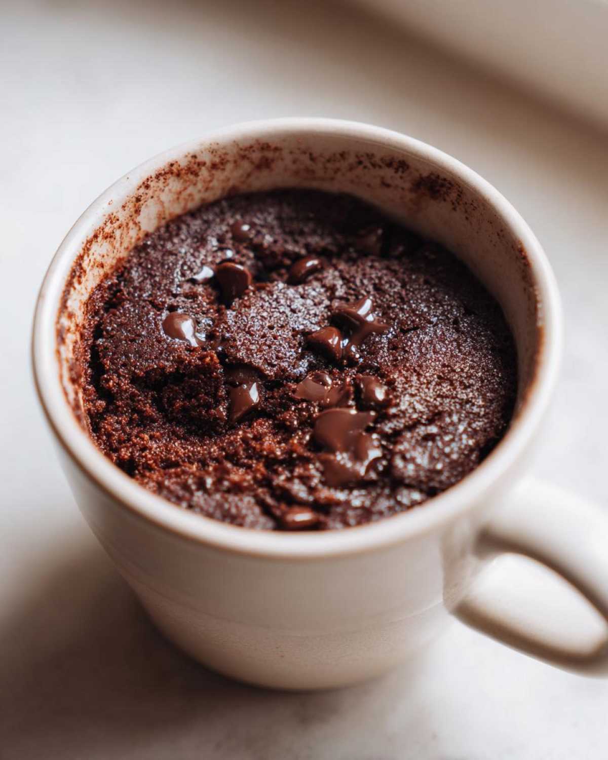 Close-up of a rich, dark chocolate mug cake topped with melted chocolate chips.