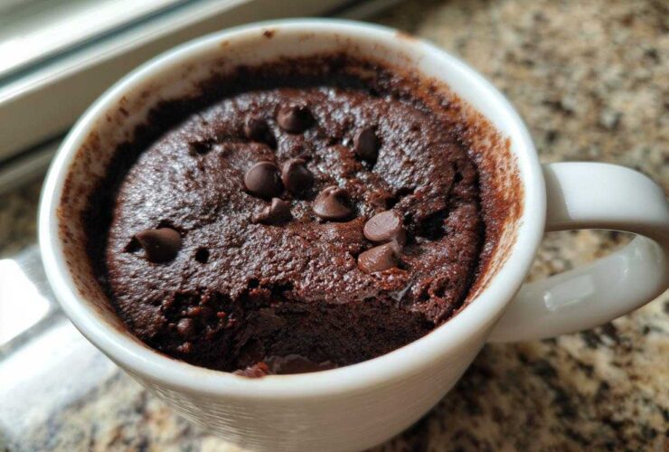 Close-up of a rich, dark chocolate mug cake topped with chocolate chips, served in a white mug.