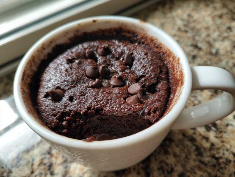 Close-up of a rich, dark chocolate mug cake topped with chocolate chips, served in a white mug.