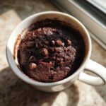 Close-up overhead view of a rich, dark chocolate mug cake topped with chocolate chips, ready to eat.