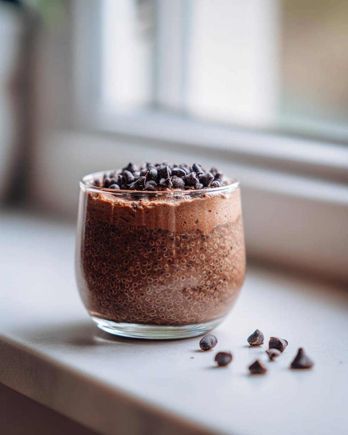 A glass of layered chocolate overnight oats topped generously with chocolate chips.