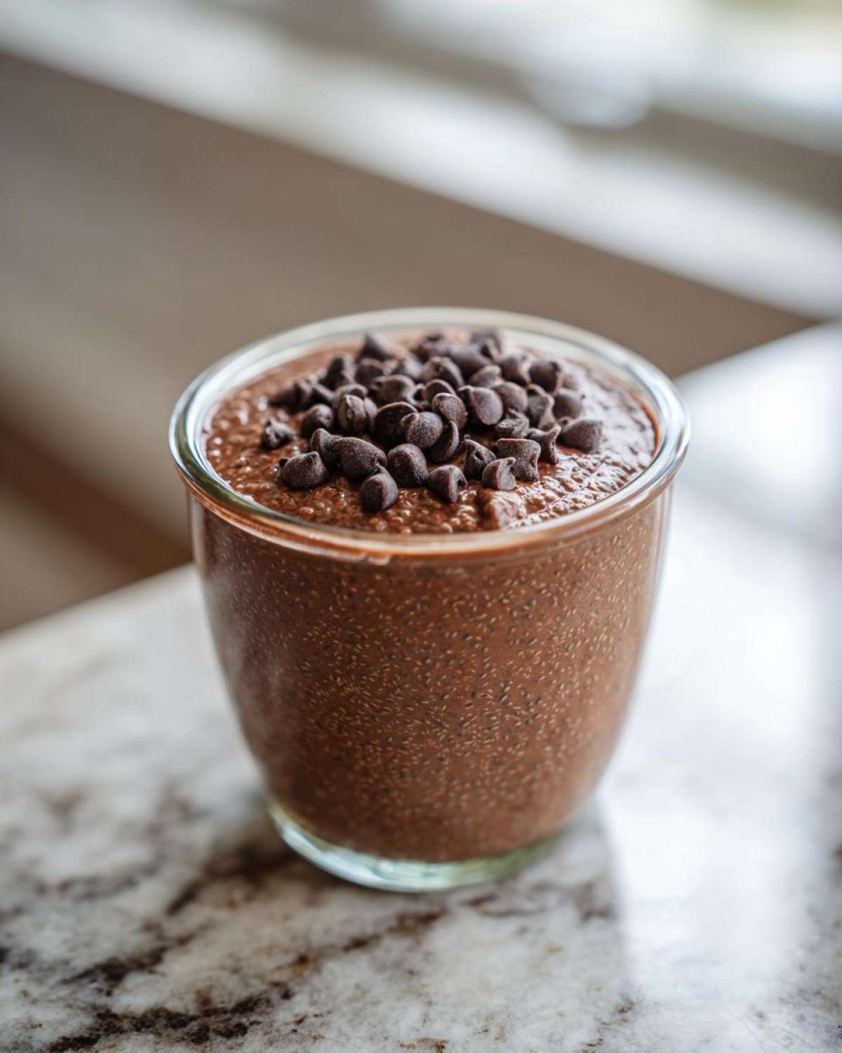 A glass jar filled with thick, rich chocolate overnight oats, topped generously with dark chocolate chips.