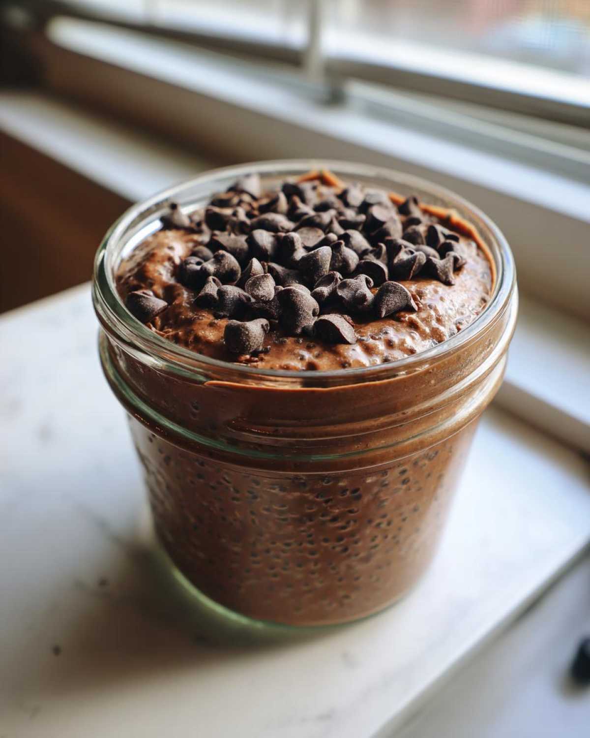 Close-up of chocolate overnight oats in a glass jar topped generously with chocolate chips.