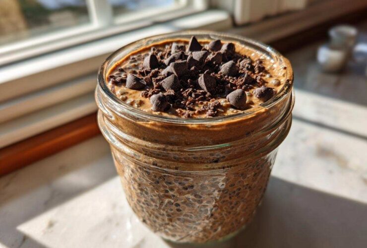 Close-up of chocolate overnight oats in a mason jar topped with chocolate chips, sitting by a sunny window.