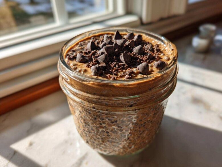 Close-up of chocolate overnight oats in a mason jar topped with chocolate chips, sitting by a sunny window.