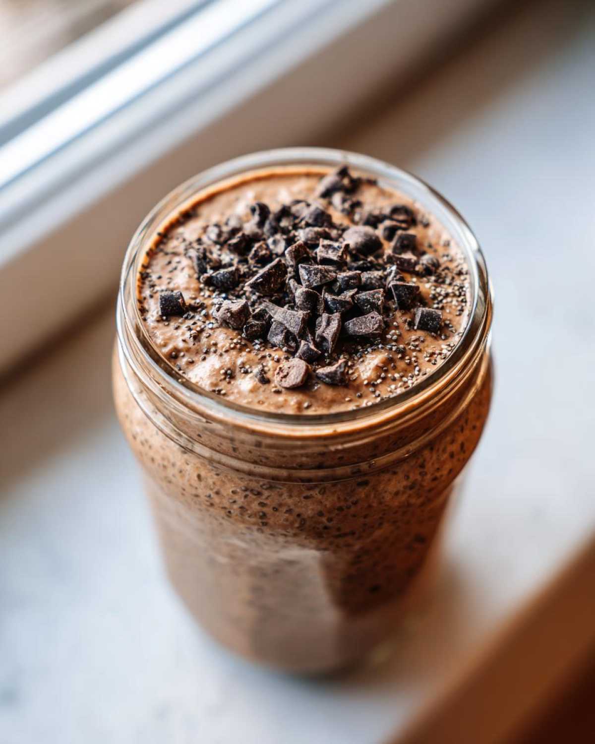 Close-up of chocolate overnight oats topped with chocolate chunks and chia seeds in a glass jar.