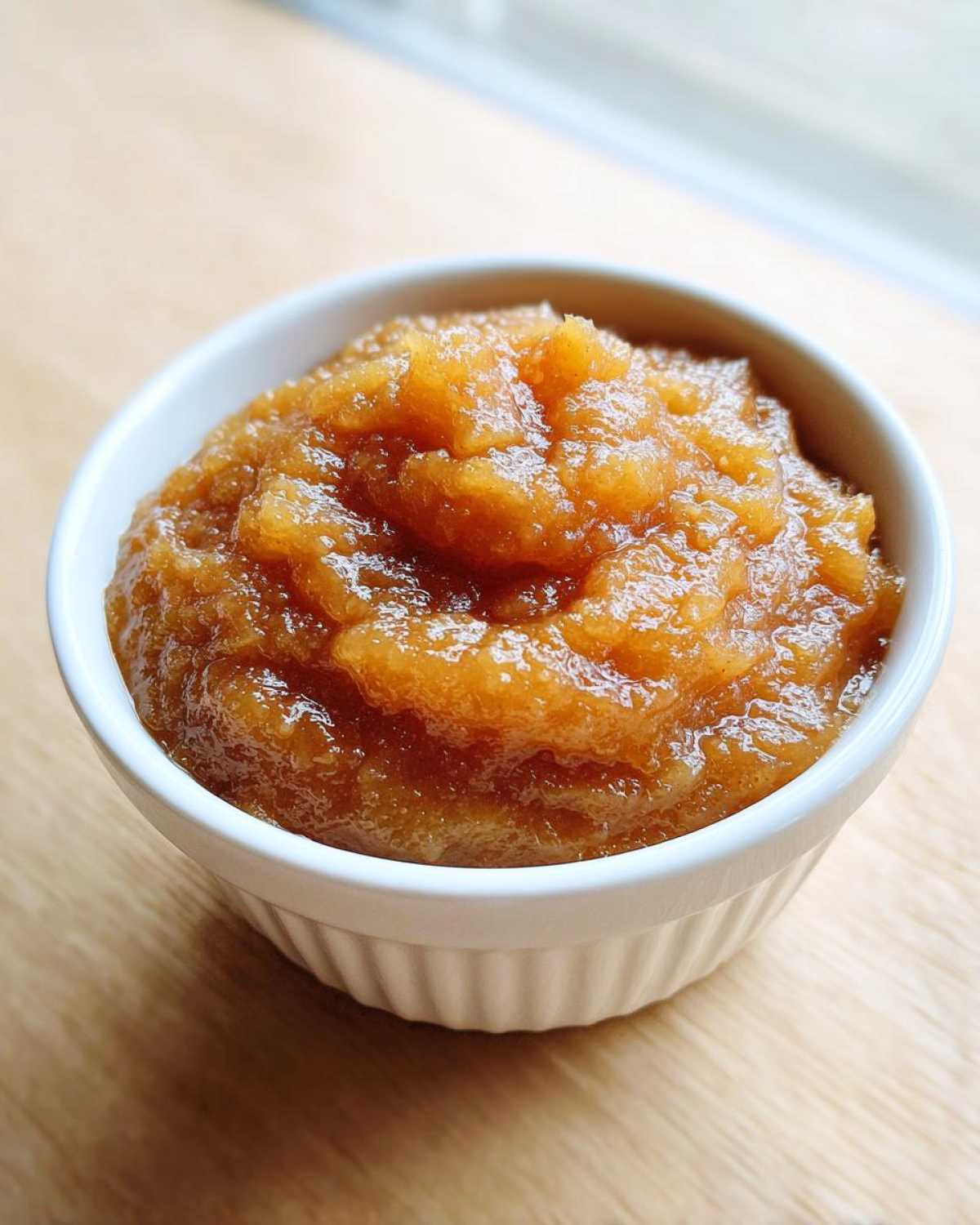 A small white ramekin filled with chunky, golden-brown homemade applesauce resting on a light wooden surface.