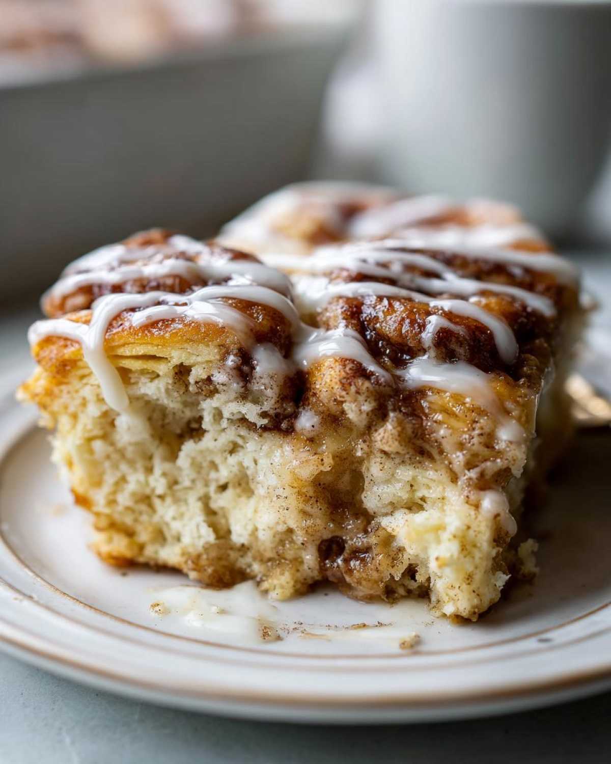 A close-up shot of a soft, gooey serving of cinnamon roll casserole drizzled with white icing.