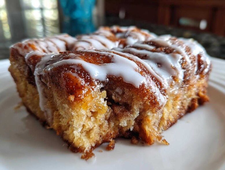 A close-up, low-angle shot of a square piece of moist cinnamon roll casserole topped with white icing.