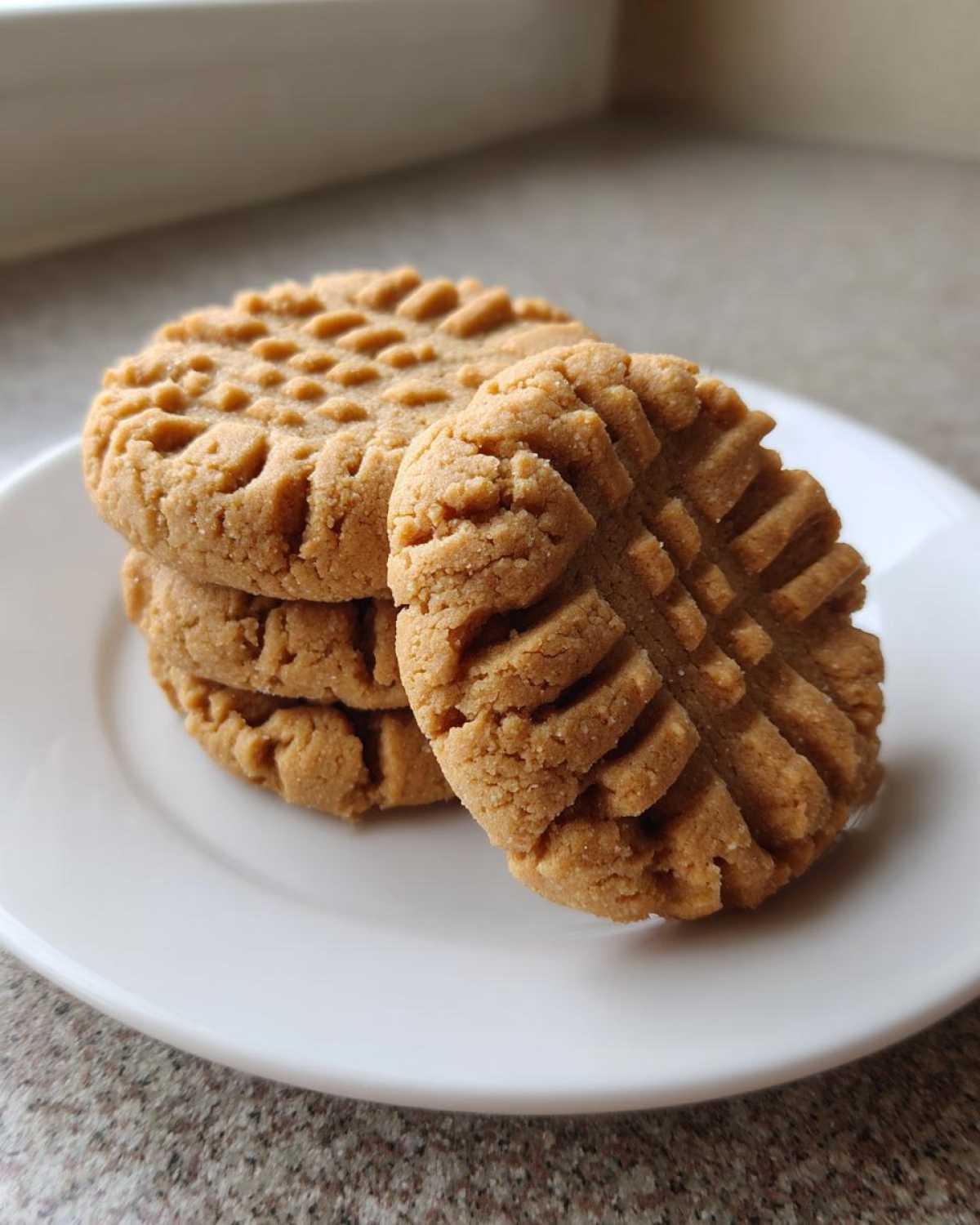 A stack of three classic peanut butter cookies showing the signature criss-cross fork marks.