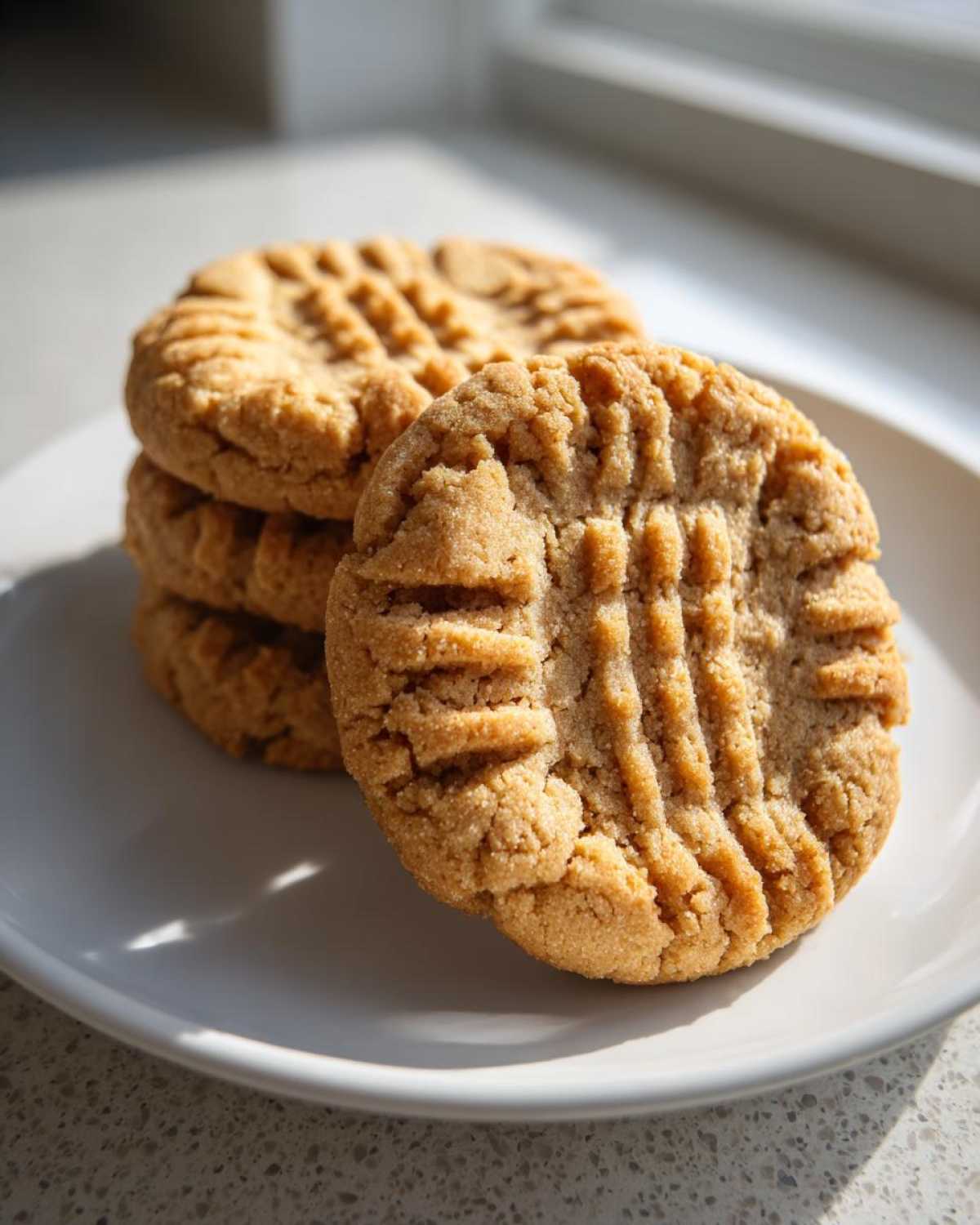 A stack of four classic peanut butter cookies with fork crosshatch marks, sitting on a white plate.
