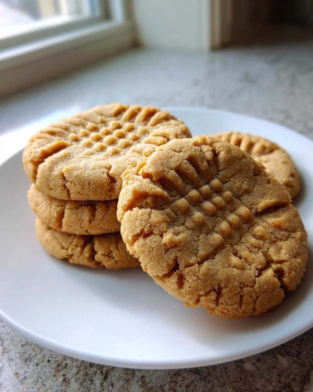 A stack of four classic peanut butter cookies with traditional crosshatch fork marks on a white plate.