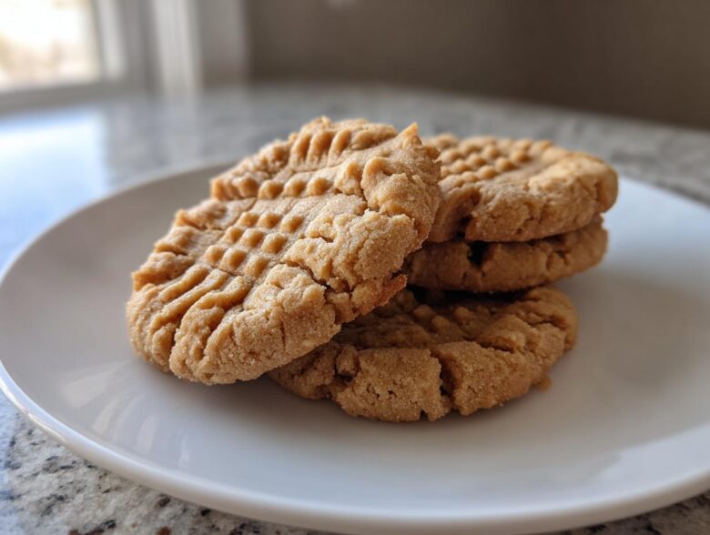 A stack of four classic peanut butter cookies showing the traditional crisscross fork marks.