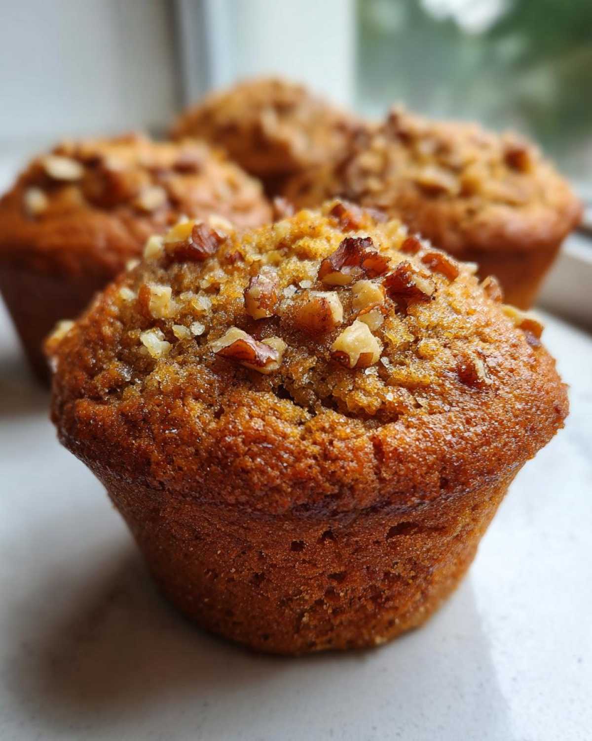 Close-up of four golden brown banana nut muffins topped with chopped walnuts, sitting on a white plate.