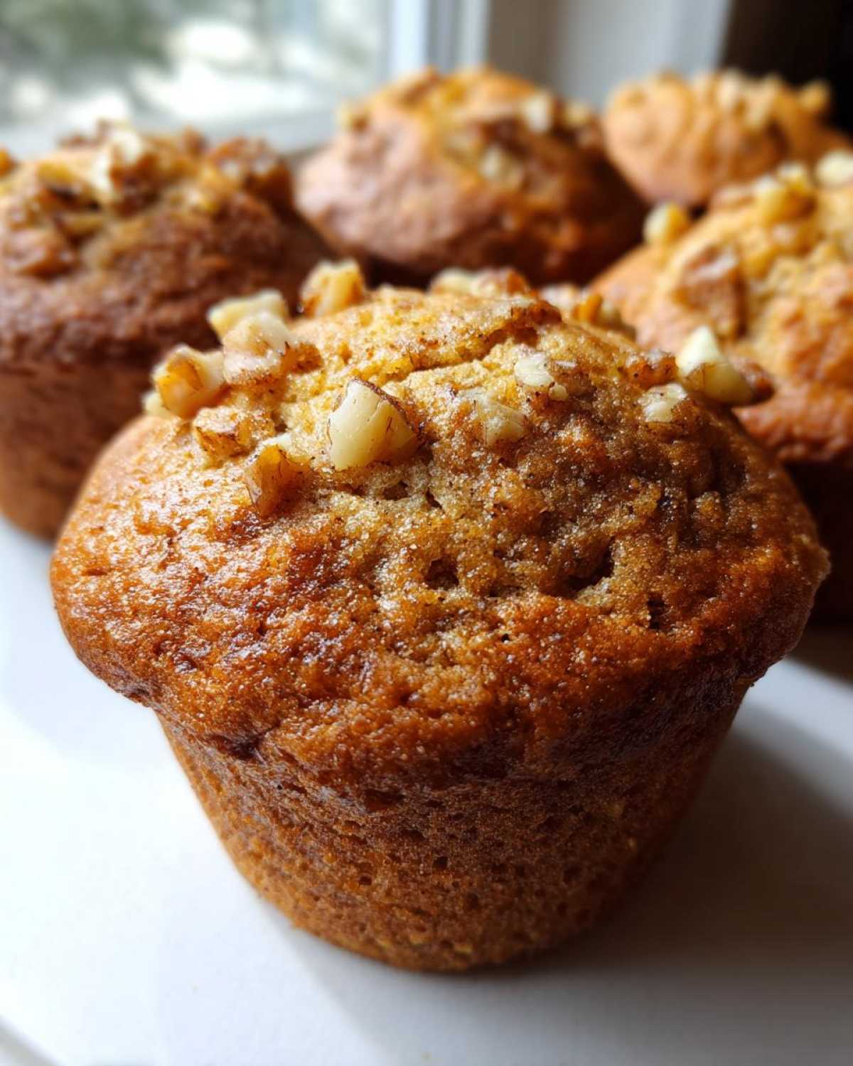 A close-up, shallow depth-of-field photo of a golden brown banana nut muffin topped with chopped walnuts.