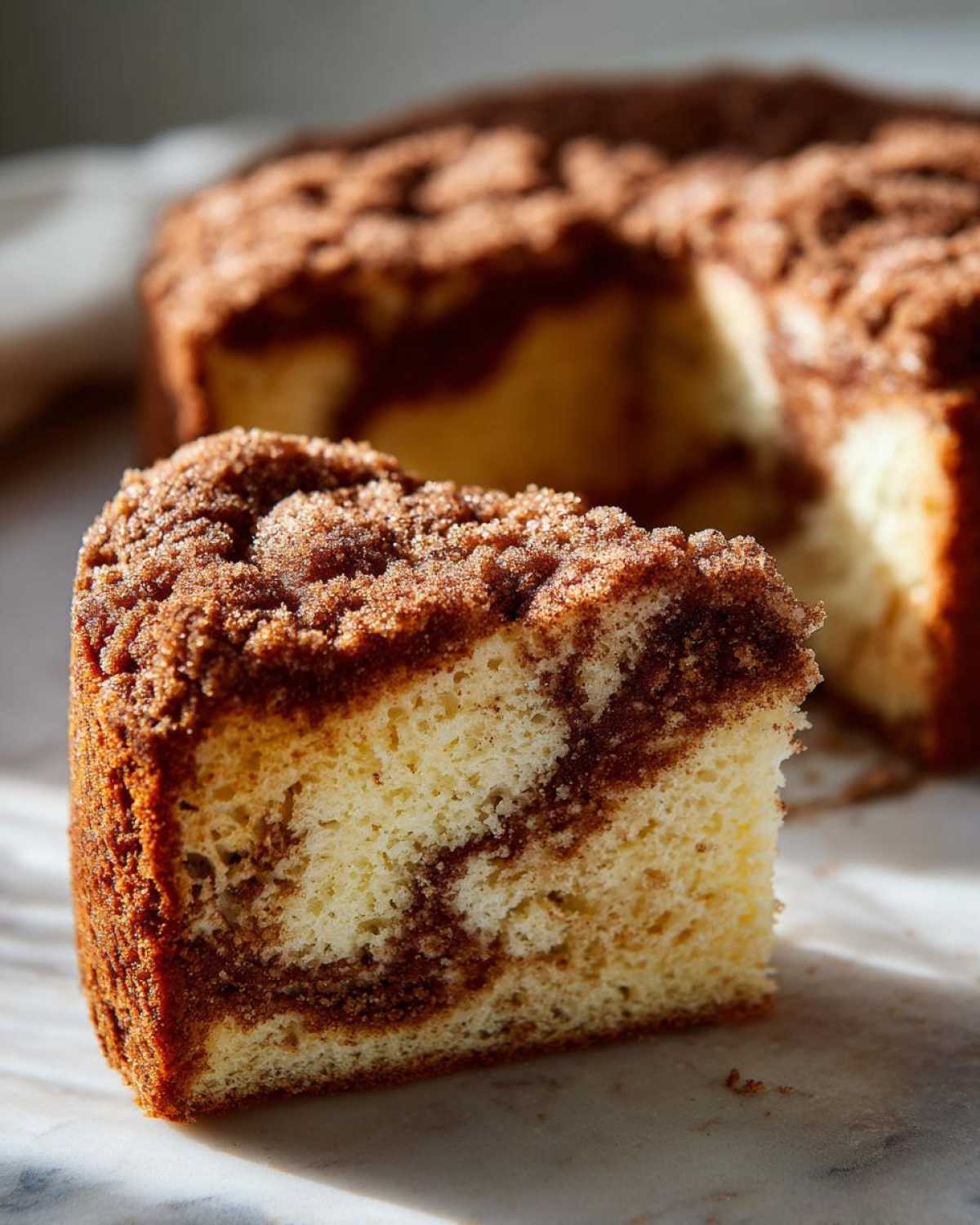 A close-up slice of moist coffee cake showing a vanilla swirl and a thick, sugary cinnamon streusel topping.