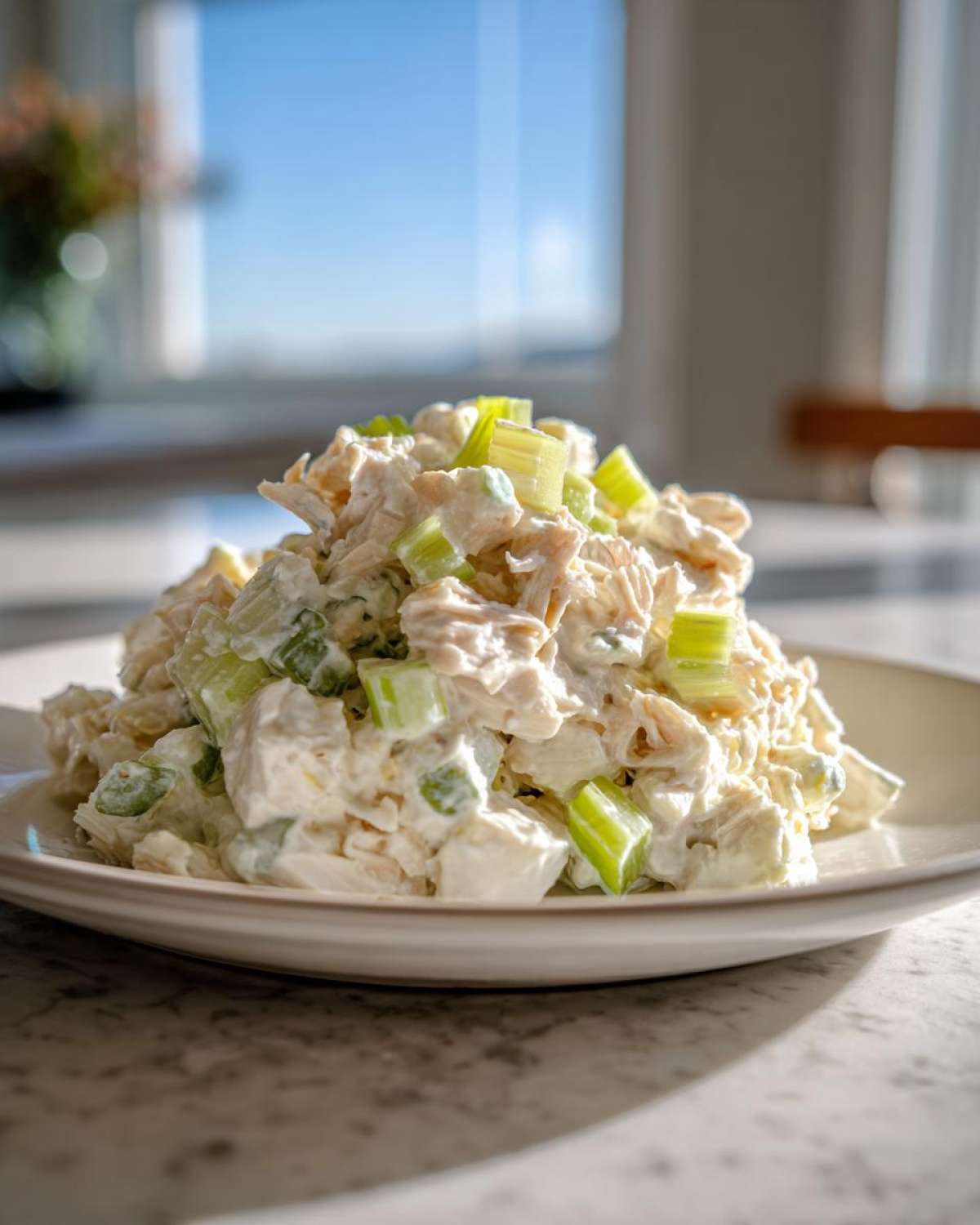 A mound of creamy cottage cheese chicken salad mixed with chopped celery served on a light-colored plate.