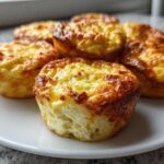 A plate of freshly baked, golden-brown cottage cheese egg cups starbucks style, showing a fluffy interior.