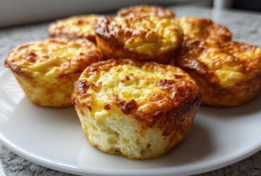 A plate of freshly baked, golden-brown cottage cheese egg cups starbucks style, showing a fluffy interior.