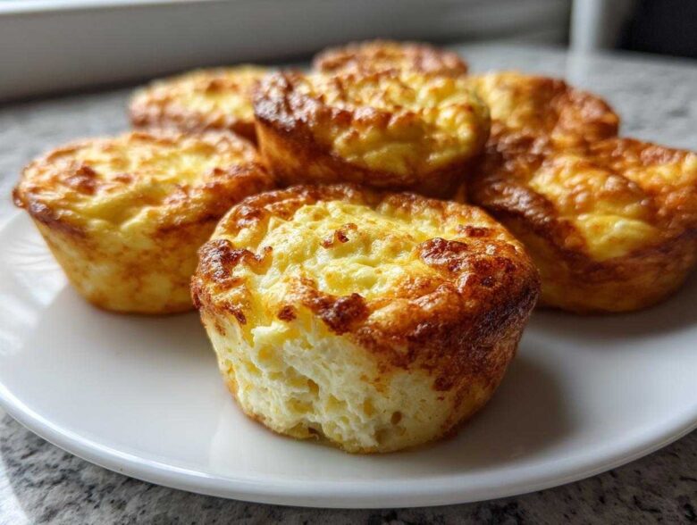 A plate of freshly baked, golden-brown cottage cheese egg cups starbucks style, showing a fluffy interior.