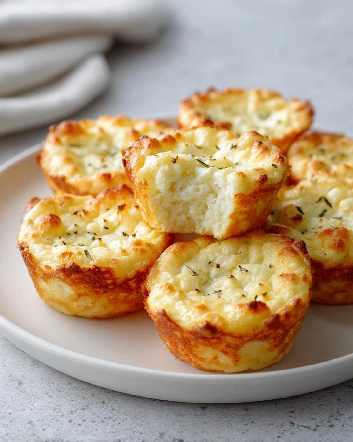 A stack of golden brown cottage cheese egg cups starbucks style served on a light plate.